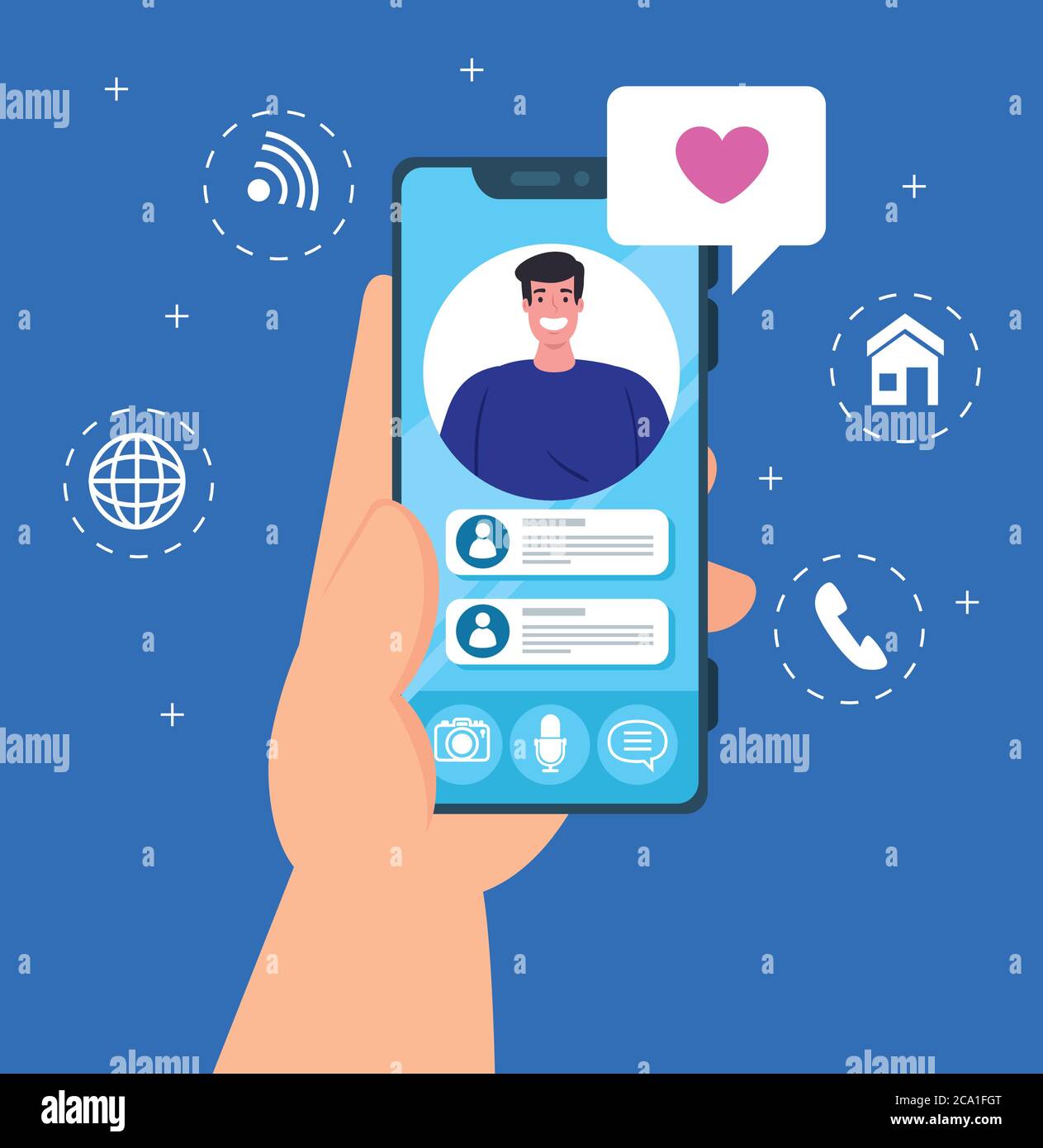 social media concept, chat messages notification on smartphone, man in screen of mobile phone with speech bubble Stock Vector