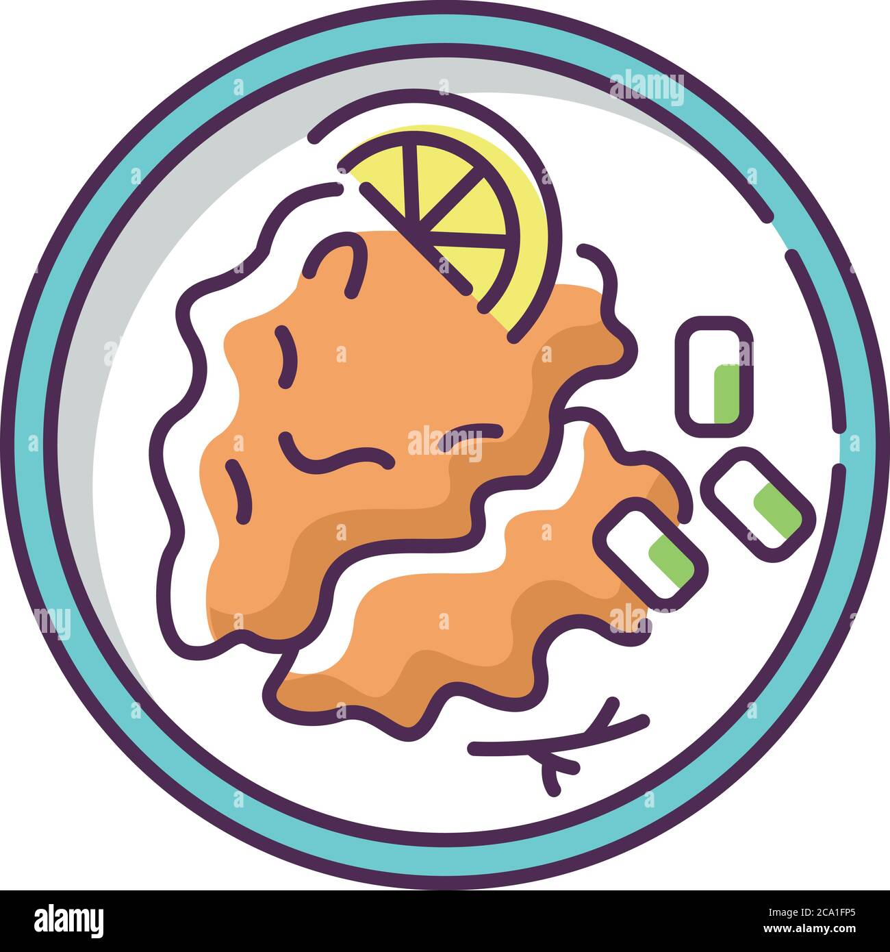 Wiener schnitzel RGB color icon. German meat dish. Traditional european meal recipe. Potato ingredient for cooking. Restaurant menu. Culinary for lunc Stock Vector