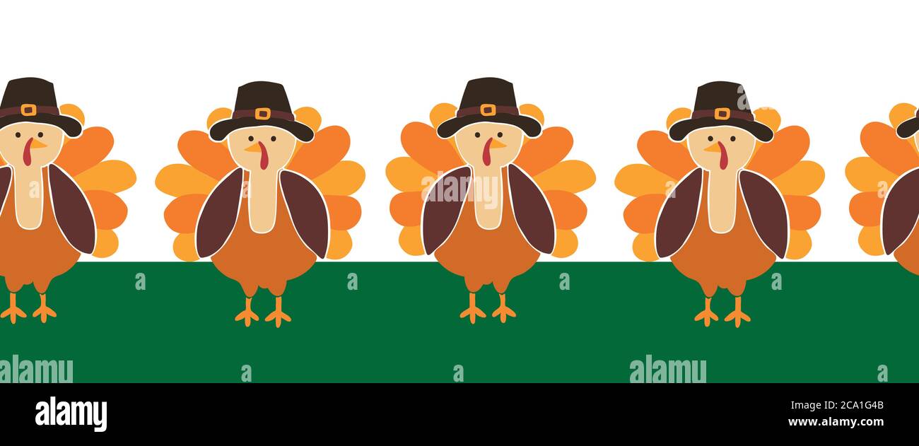 Turkey seamless vector border. Cute Thanksgiving repeating pattern. Use