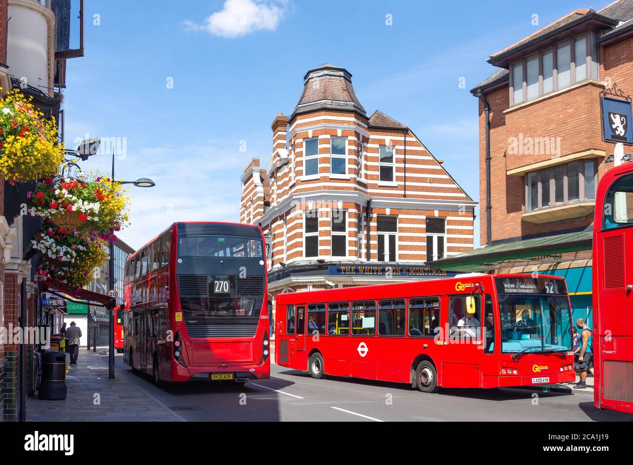 Buses on London Road, Mitcham, London Borough of Merton, Greater London, England, United Kingdom Stock Photo