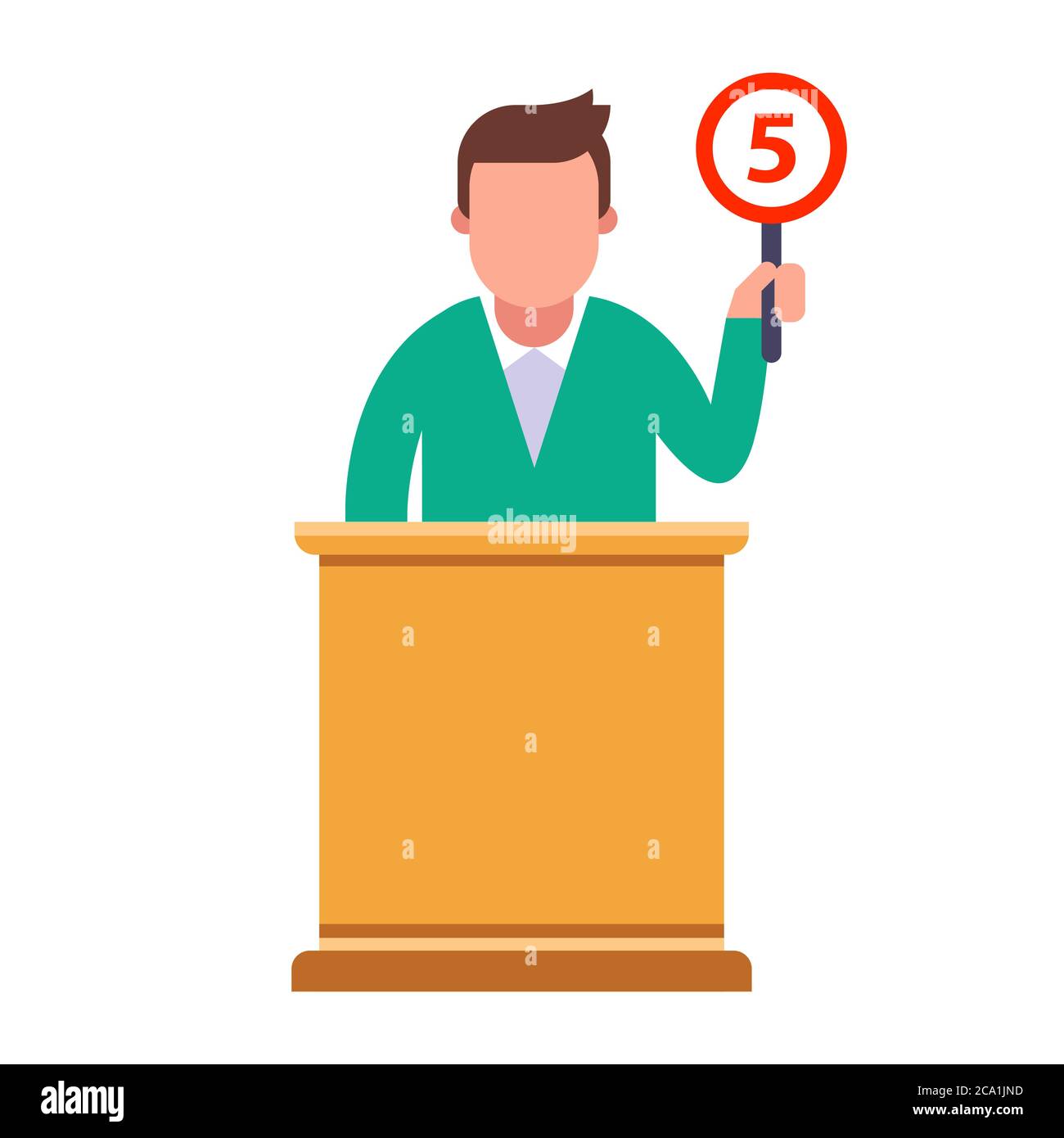 The jury member gives a rating of five. flat character vector illustration Stock Vector