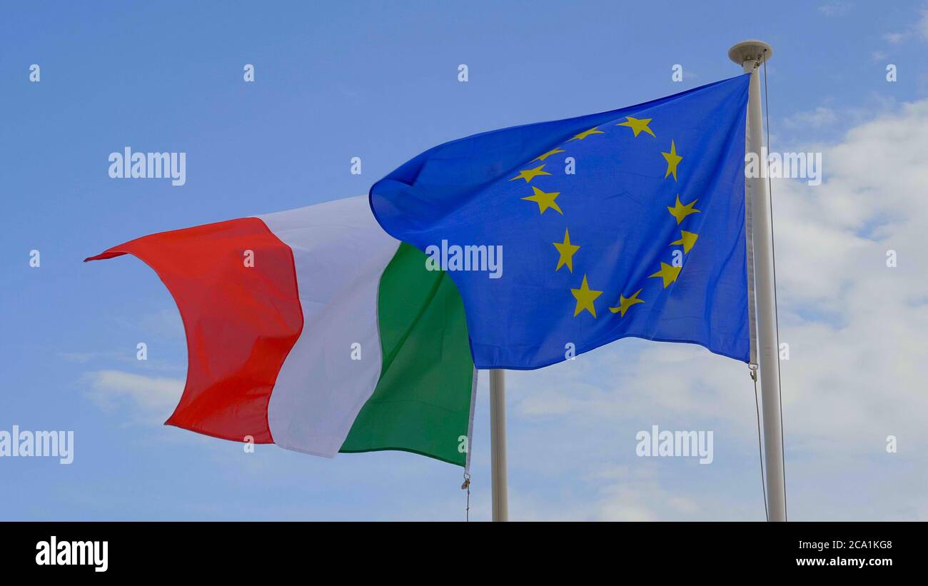 Italian and European flag waving in the wind Stock Photo - Alamy