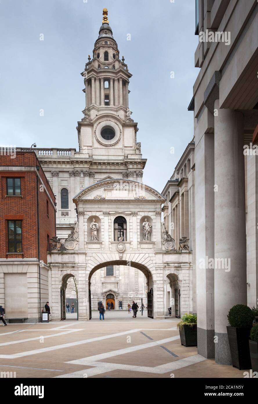 Temple Bar gate at Paternoster Square,City of London. The north-west corner of St Paul's Cathederal can be seen behind. Stock Photo