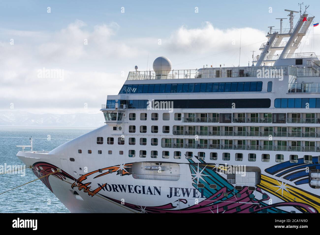Beautiful view of luxury expedition passenger Cruise Liner Norwegian Jewel Stock Photo