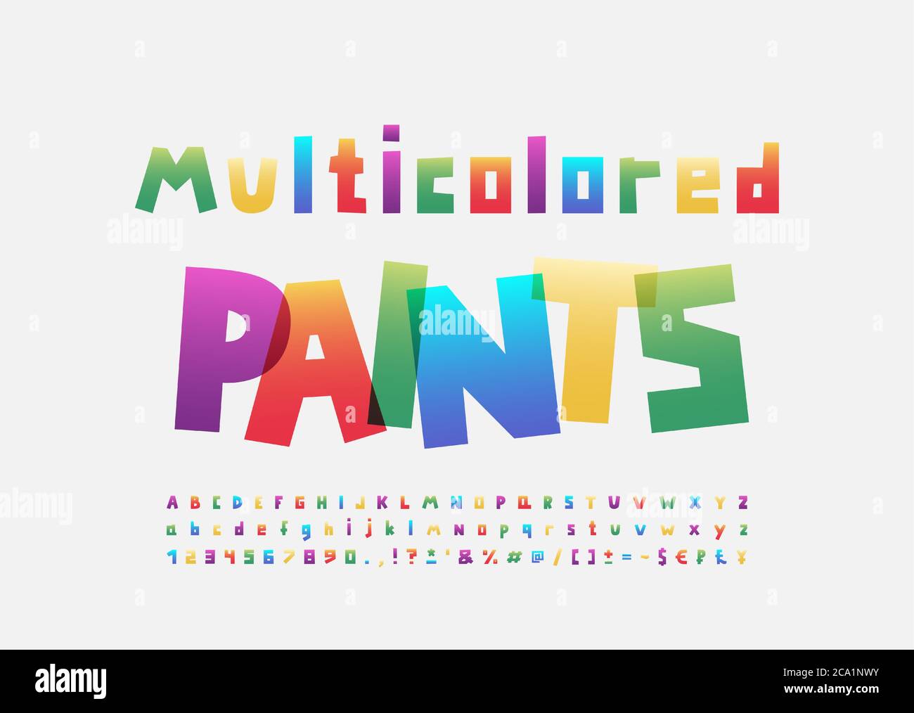 Multicolored paints alphabet square shape font rainbow bright gradient colors. Uppercase and lowercase letters, numbers, punctuation marks. Vector ill Stock Vector