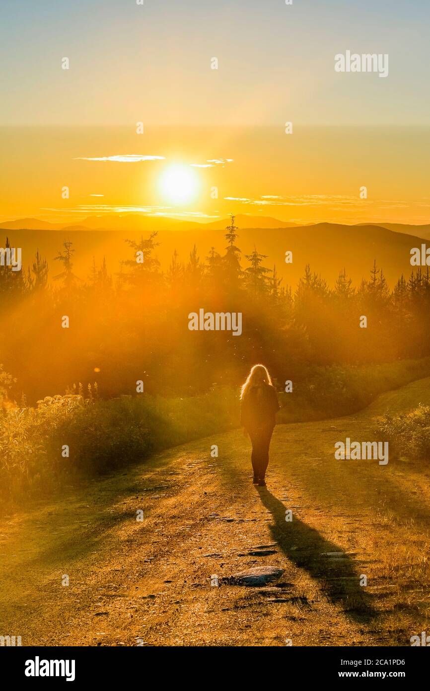 Woman on gravel road at sunset, Wells Gray Provincial Park, British Columbia, Canada Stock Photo
