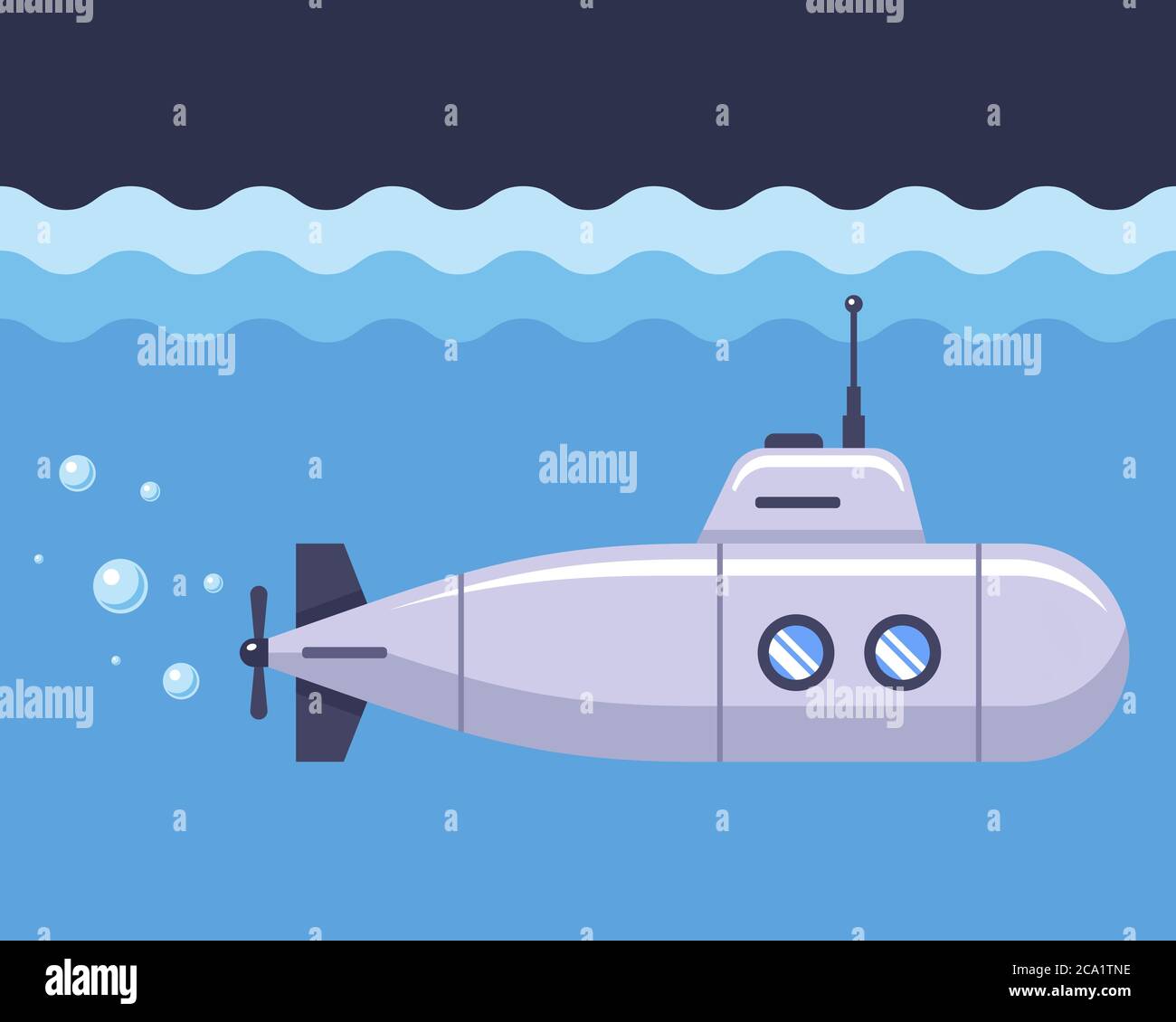 iron submarine in the blue ocean. flat vector illustration. Stock Vector