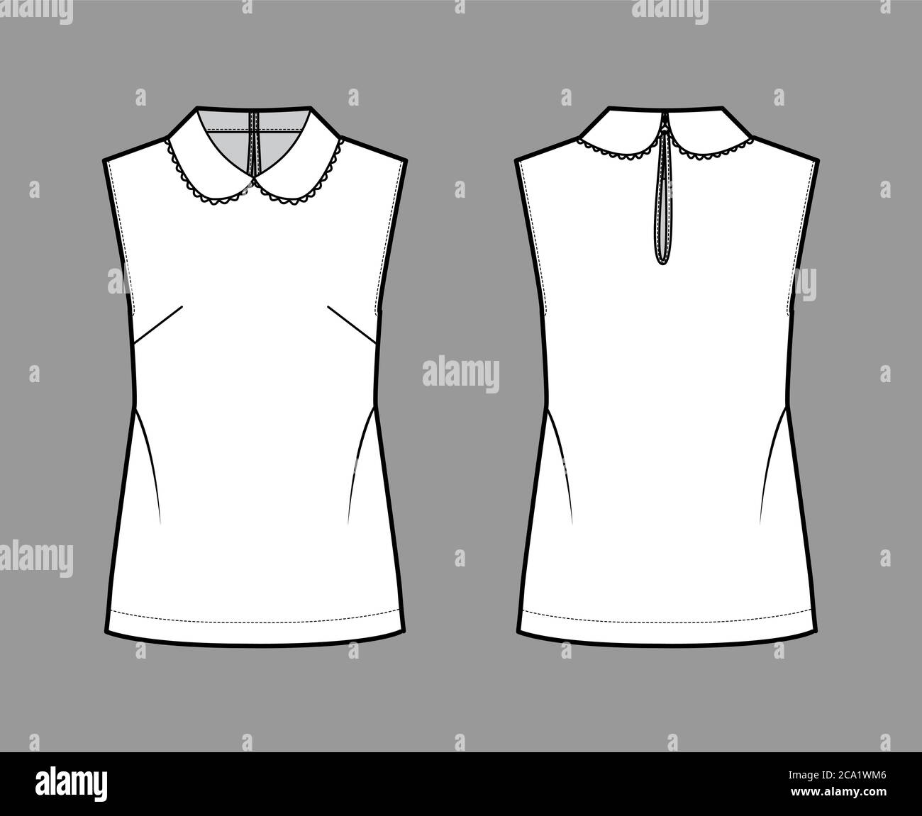 Blouse technical fashion illustration with loose silhouette, sleeveless, round collar trimmed with scalloped lace. Flat shirt apparel template front back white color. Women, men unisex top CAD mockup Stock Vector