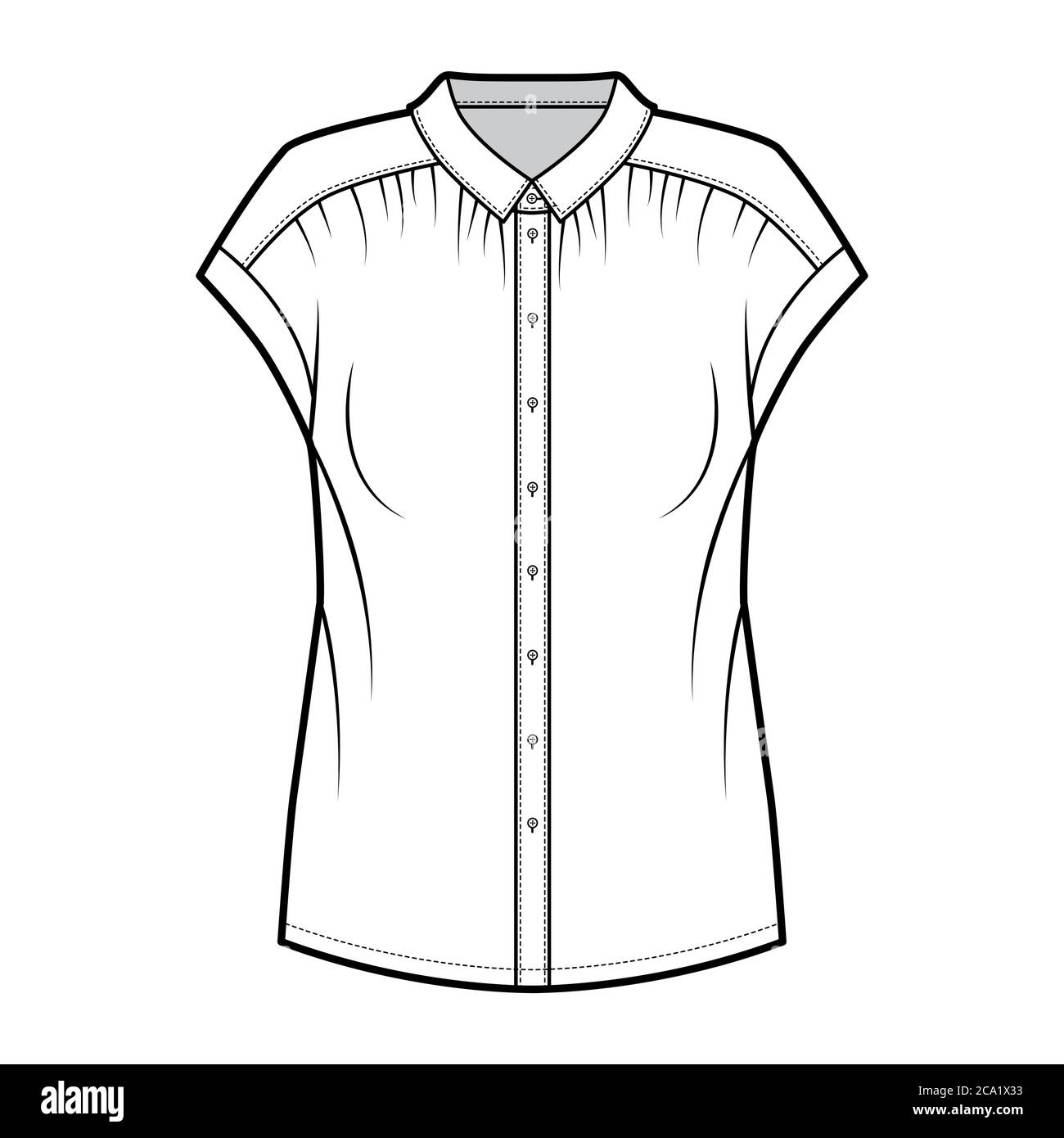 Gentle pleats shirt technical fashion illustration with loose silhouette, regular colar with stand, sleeveless. Flat blouse apparel template front, white color. Women, men unisex top CAD mockup Stock Vector