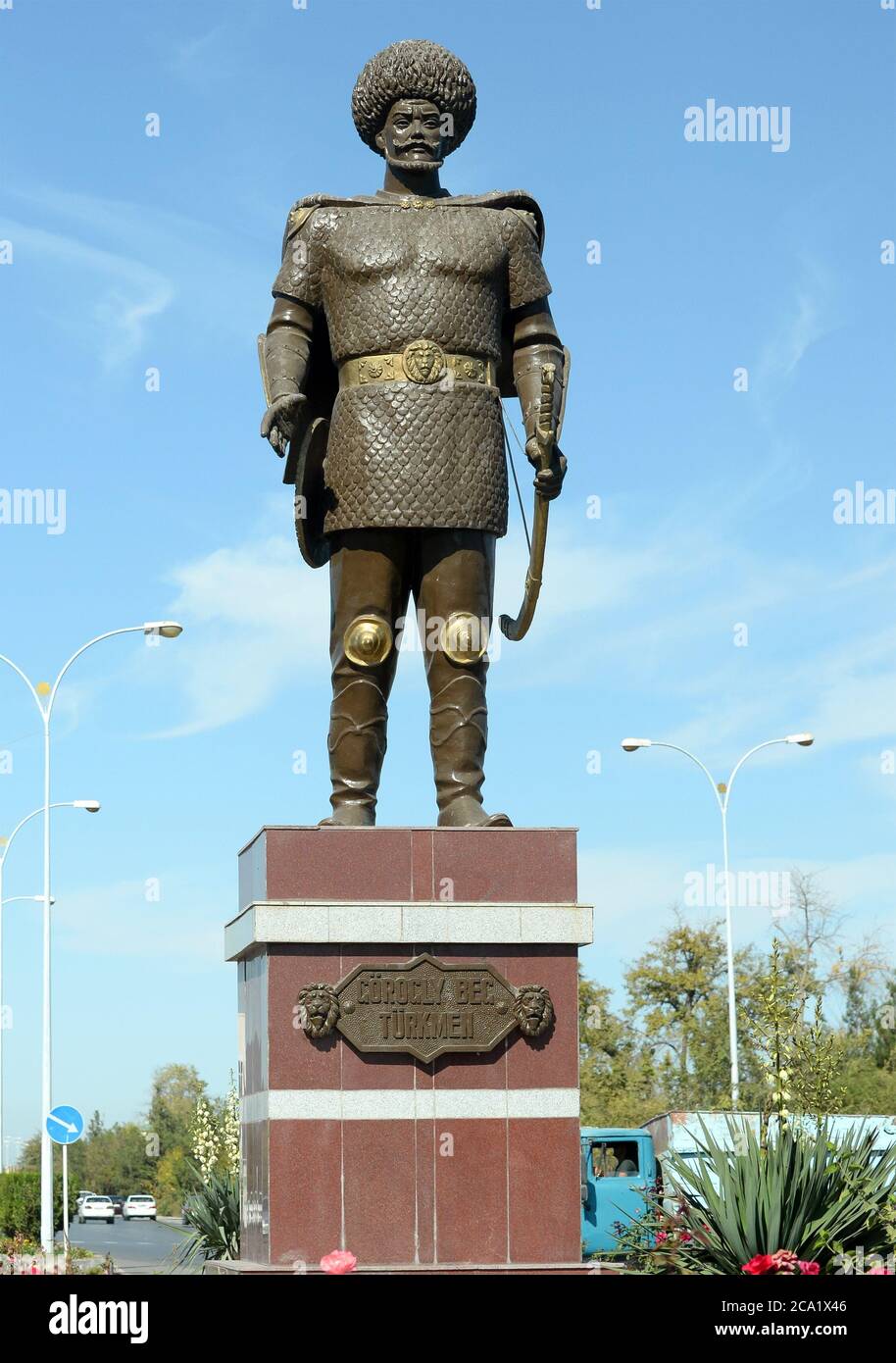 Koroghlu Beg Turkmen statue in Mary, Turkmenistan. Also know as Gorogly Beg. Heroic legend prominent in the oral traditions of the Turkic peoples. Stock Photo