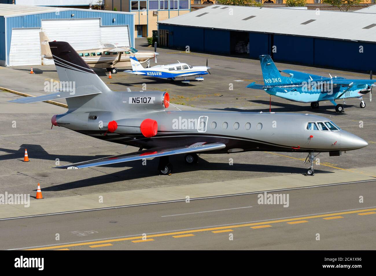Dassault Falcon 50 private aircraft parked at King County International Airport, WA, USA. Business jet. Stock Photo