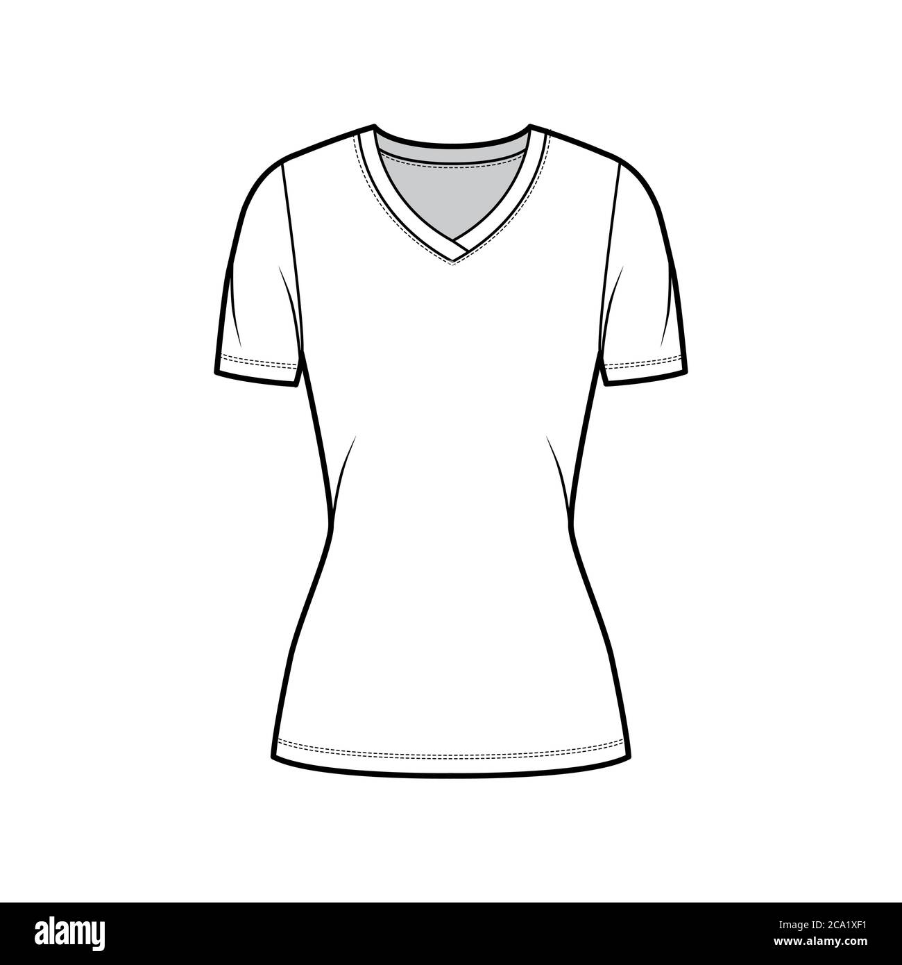 V-neck jersey t-shirt technical fashion illustration with short sleeves,  tunic length. Flat sweater apparel template front, white color. Women, men,  unisex outwear top CAD mockup Stock Vector Image & Art - Alamy