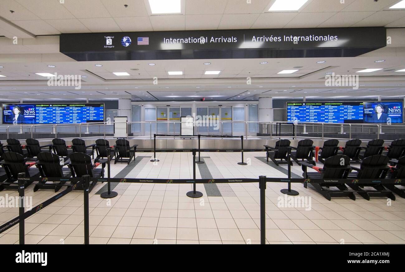 Toronto, Canada. 3rd Aug, 2020. The international arrivals hall is seen at Terminal 3 of Pearson International Airport in Toronto, Canada, on Aug. 3, 2020. Travel restrictions in Canada will be extended until Aug. 31 to reduce the spread of COVID-19. Credit: Zou Zheng/Xinhua/Alamy Live News Stock Photo