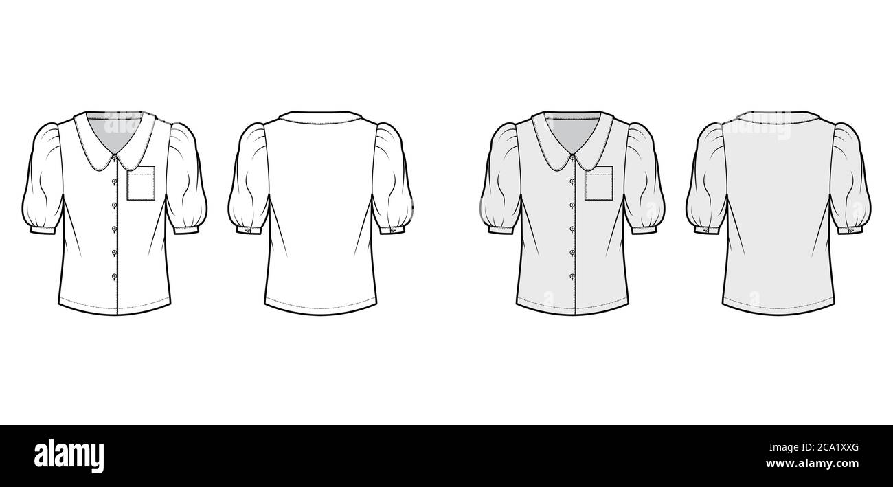 Scalloped collar shirt technical fashion illustration with elbow puff sleeve, front button-fastening, loose silhouette. Flat blouse apparel template front back white grey color. Women, men unisex top Stock Vector