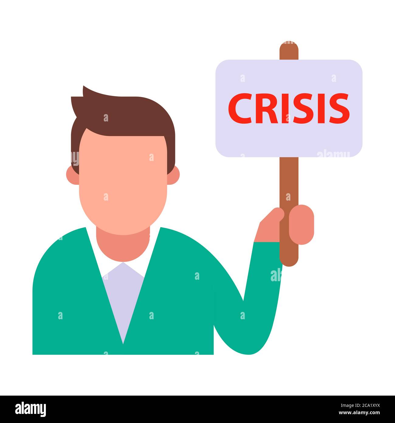 protesting man holding a crisis sign. Flat character vector illustration. Stock Vector