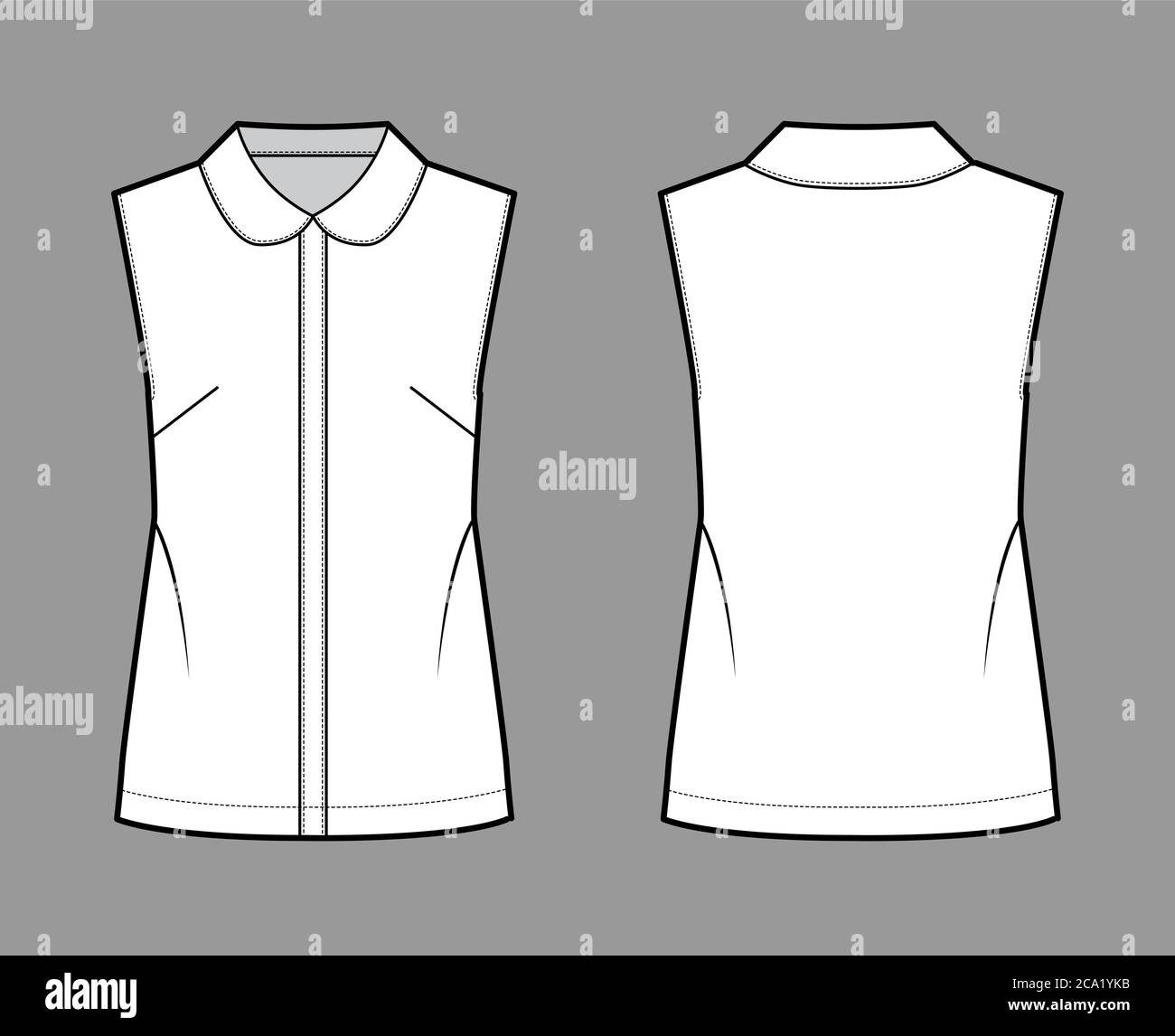 Blouse technical fashion illustration with round collar, sleeveless, loose silhouette, front button fastenings. Flat shirt apparel template front, back white color. Women, men unisex top CAD mockup Stock Vector