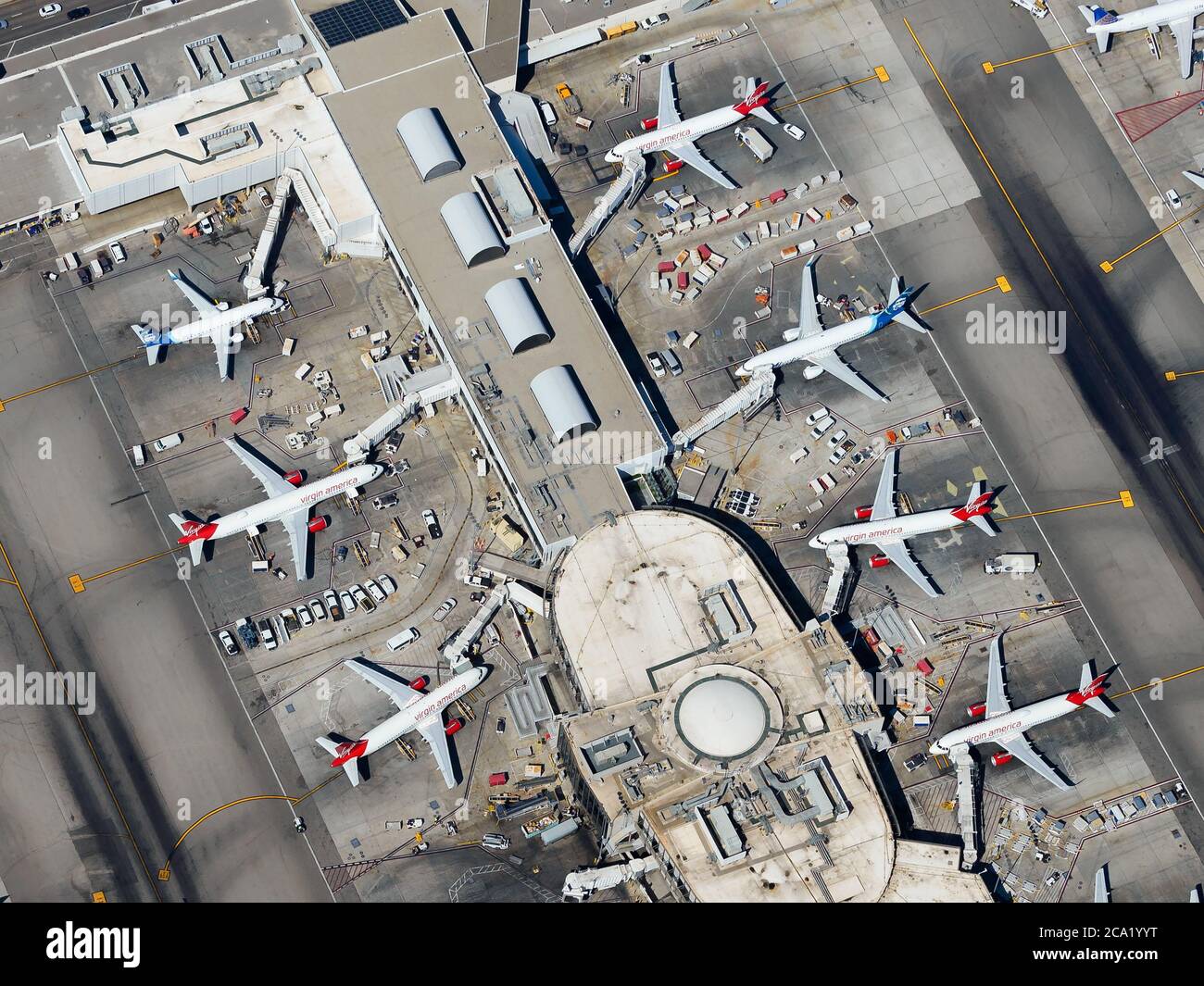 Los Angeles International Airport Terminal 6 aerial view. Passengers Terminal used by Alaska Airlines and Virgin America, airlines that merged. Stock Photo