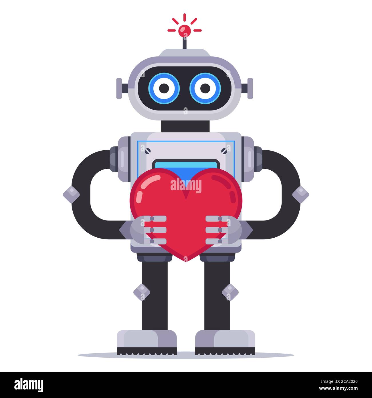Cute robot holds a heart. mechanism in love. Flat character vector illustration Stock Vector