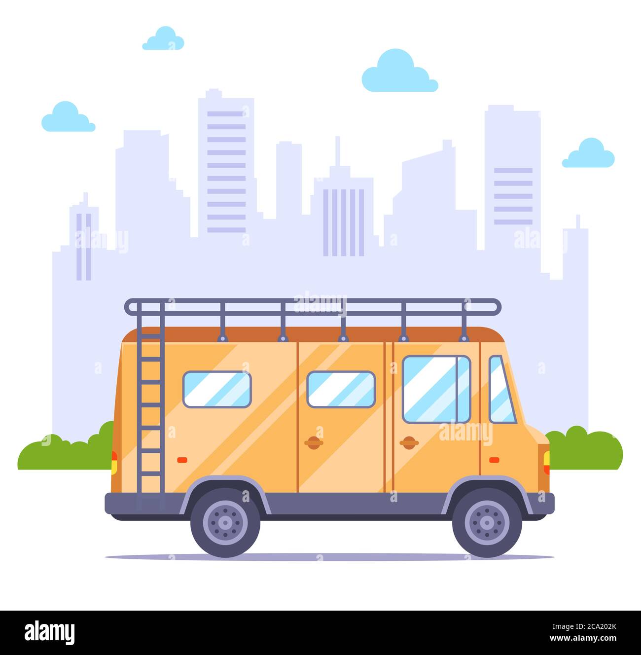 motor home against the backdrop of the city. family trip on a picnic. Flat car vector illustration. Stock Vector
