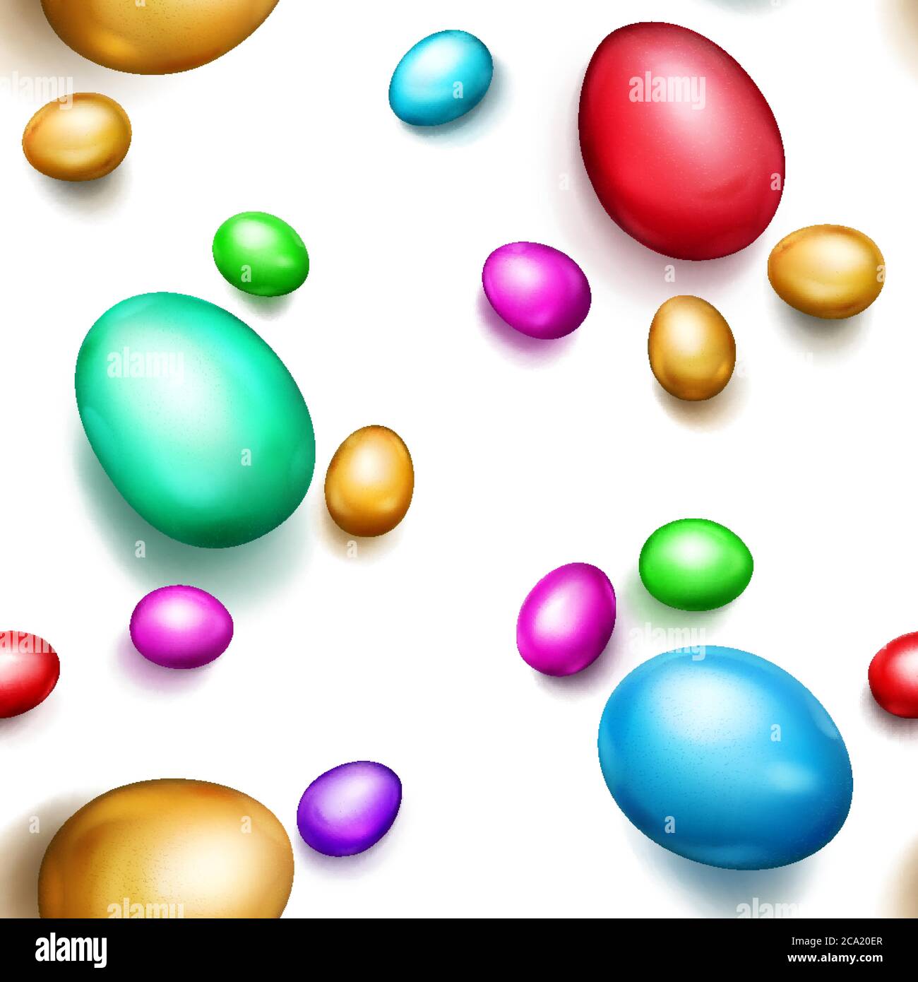 Seamless pattern of realistic colored Easter eggs with shadows on white background Stock Vector