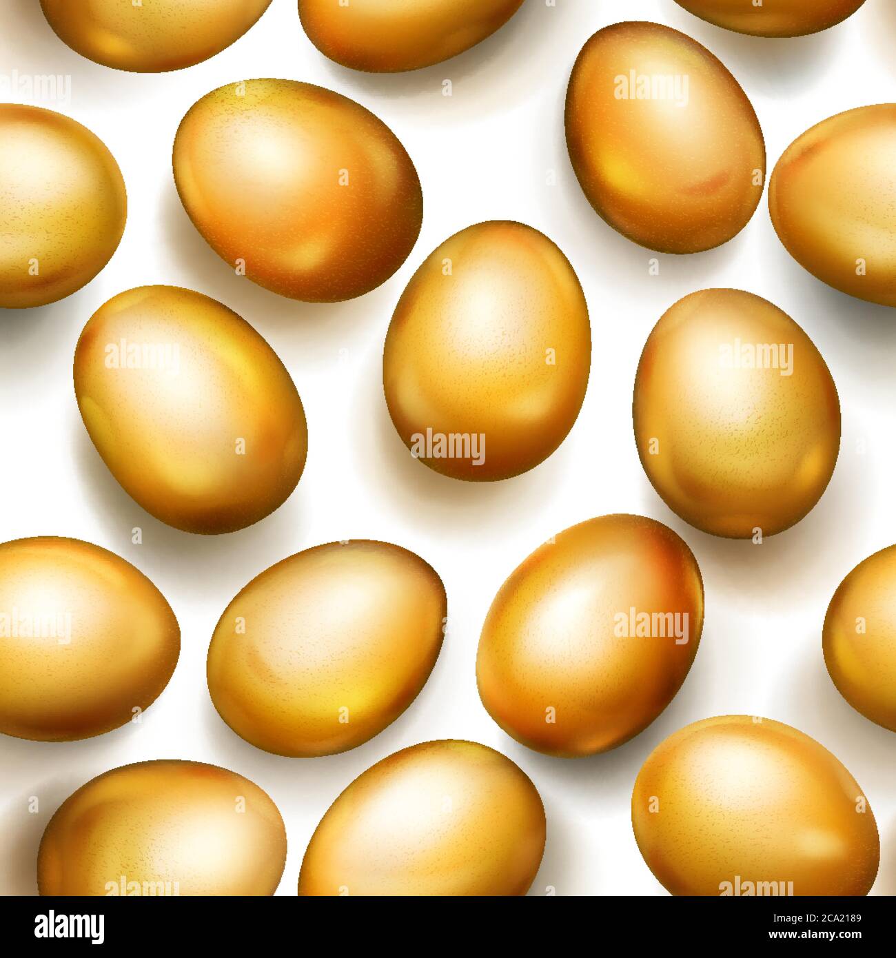 Seamless pattern of realistic golden Easter eggs with shadows on white background Stock Vector