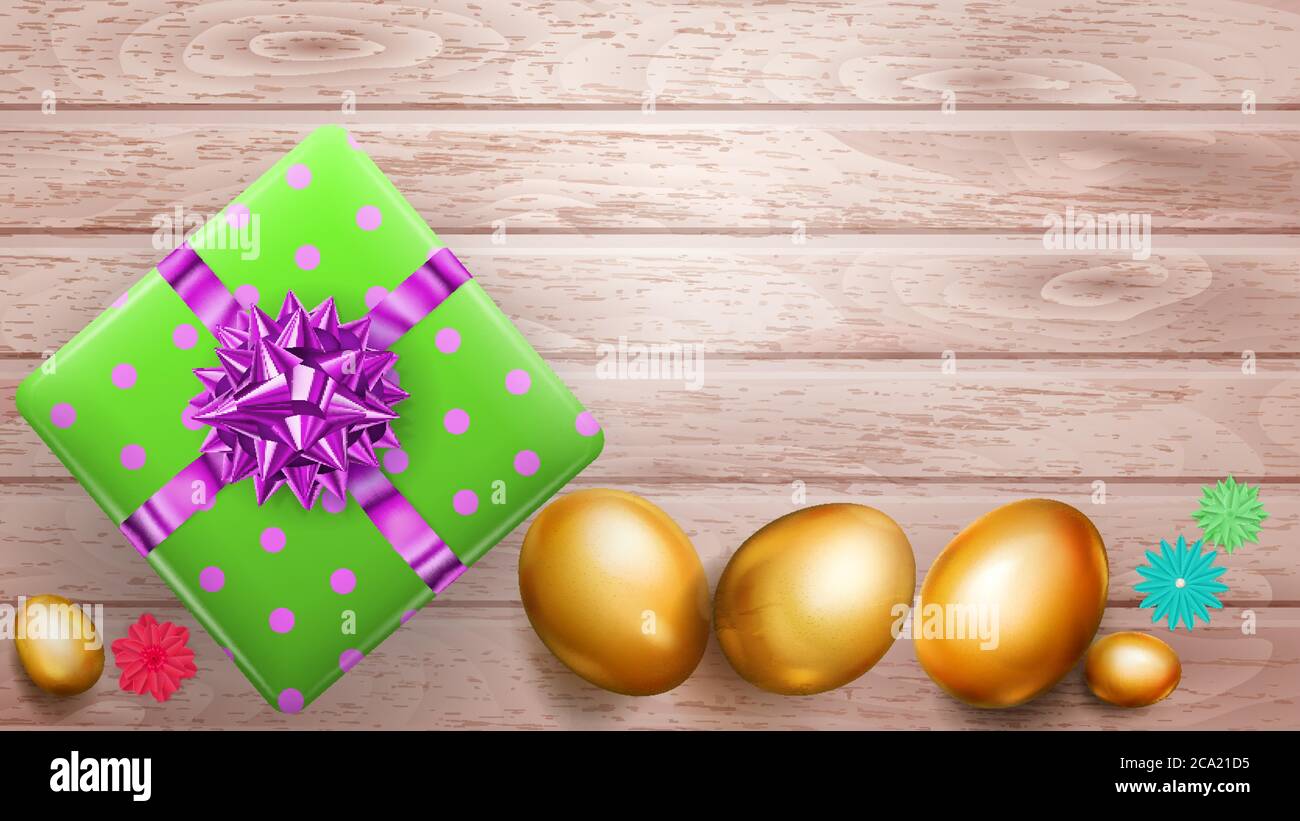 Realistic golden Easter eggs and beautiful gift box with bow on wooden planks Stock Vector