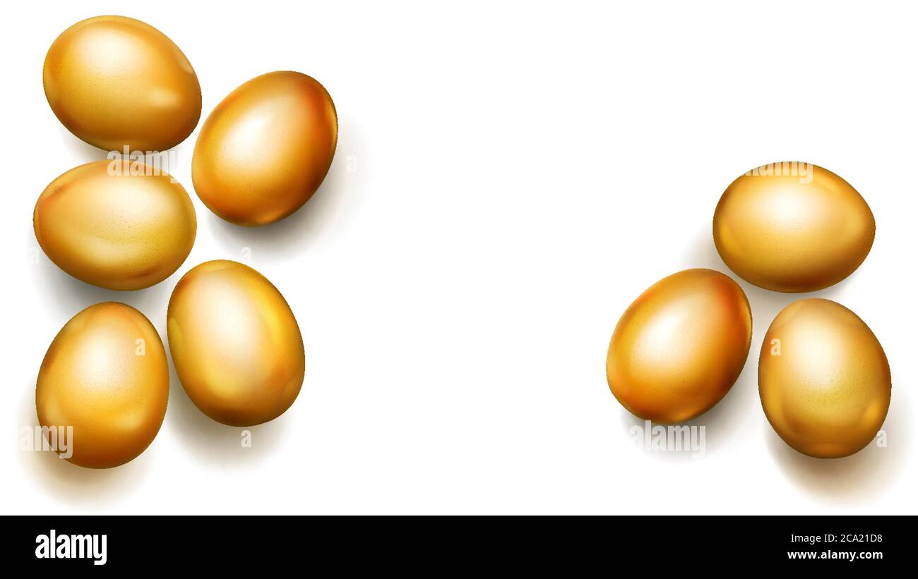 Realistic golden Easter eggs with shadows on white background Stock Vector