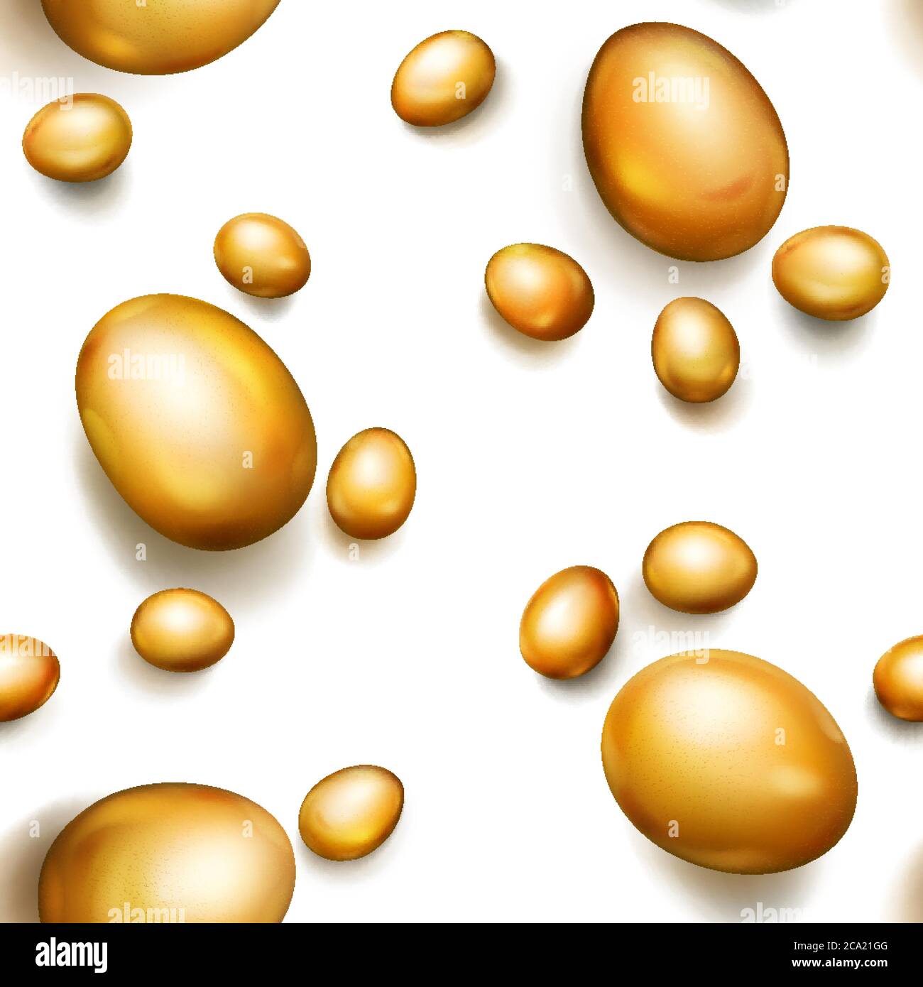 Seamless pattern of realistic golden Easter eggs with shadows on white background Stock Vector