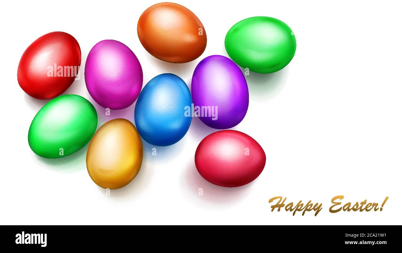Realistic colored Easter eggs with shadows on white background Stock Vector