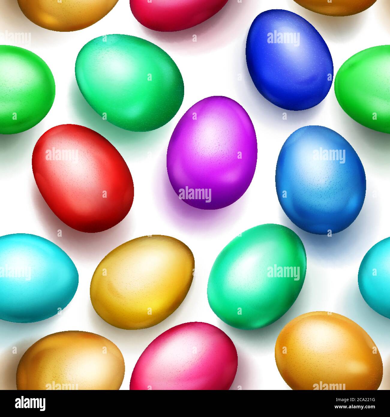 Seamless pattern of realistic colored Easter eggs with shadows on white background Stock Vector