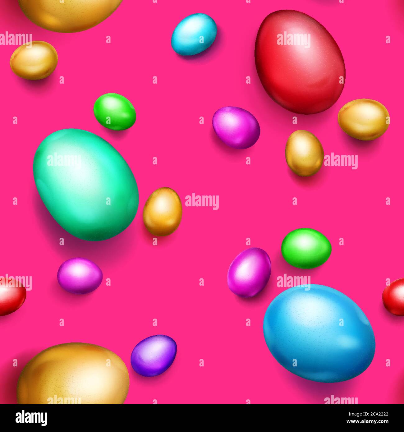 Seamless pattern of realistic colored Easter eggs with shadows on pink background Stock Vector