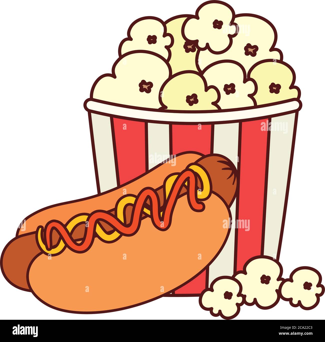 fast food delicious hot dog with popcorn, on white background Stock
