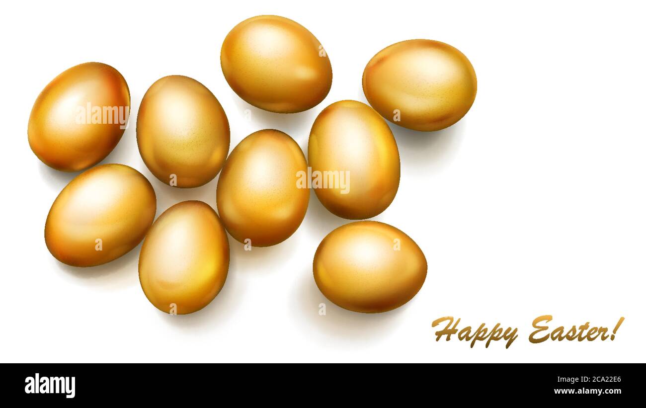 Realistic golden Easter eggs with shadows on white background Stock Vector
