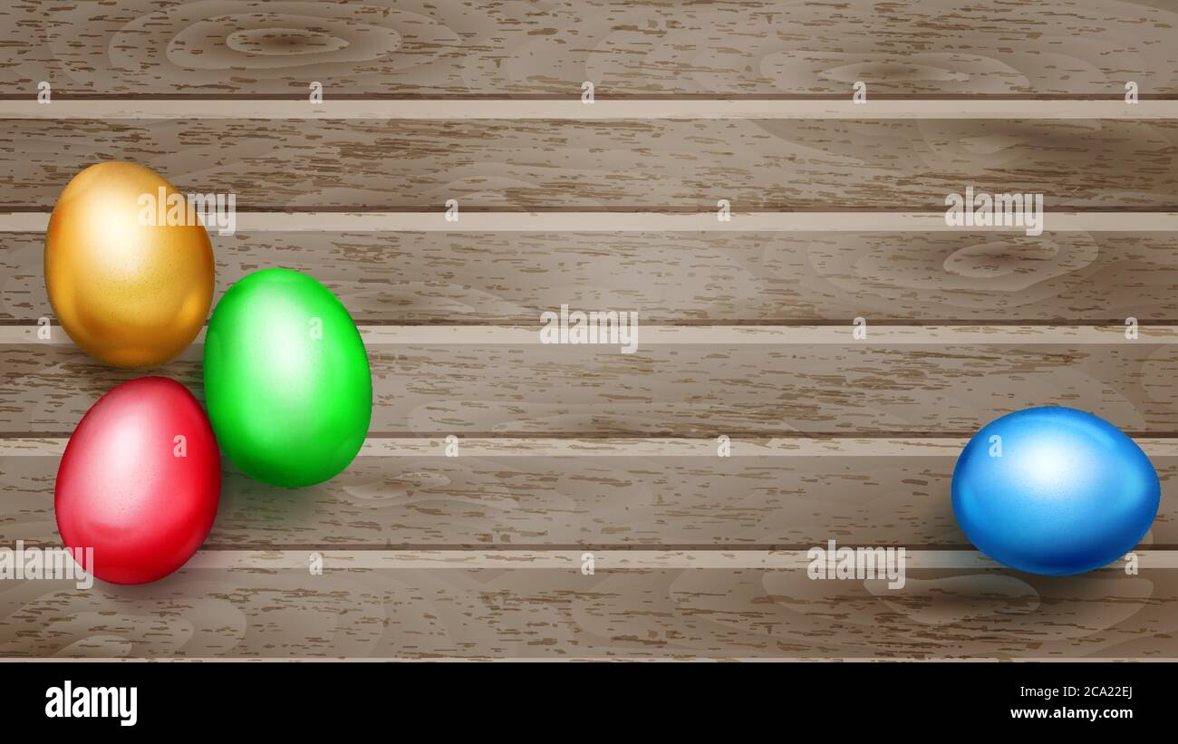 Realistic colored Easter eggs with shadows on wooden planks Stock Vector