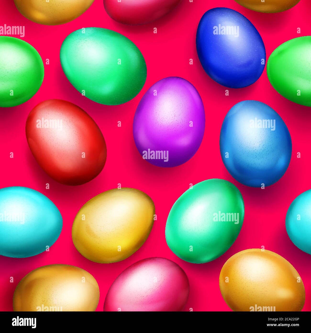Seamless pattern of realistic colored Easter eggs with shadows on red background Stock Vector