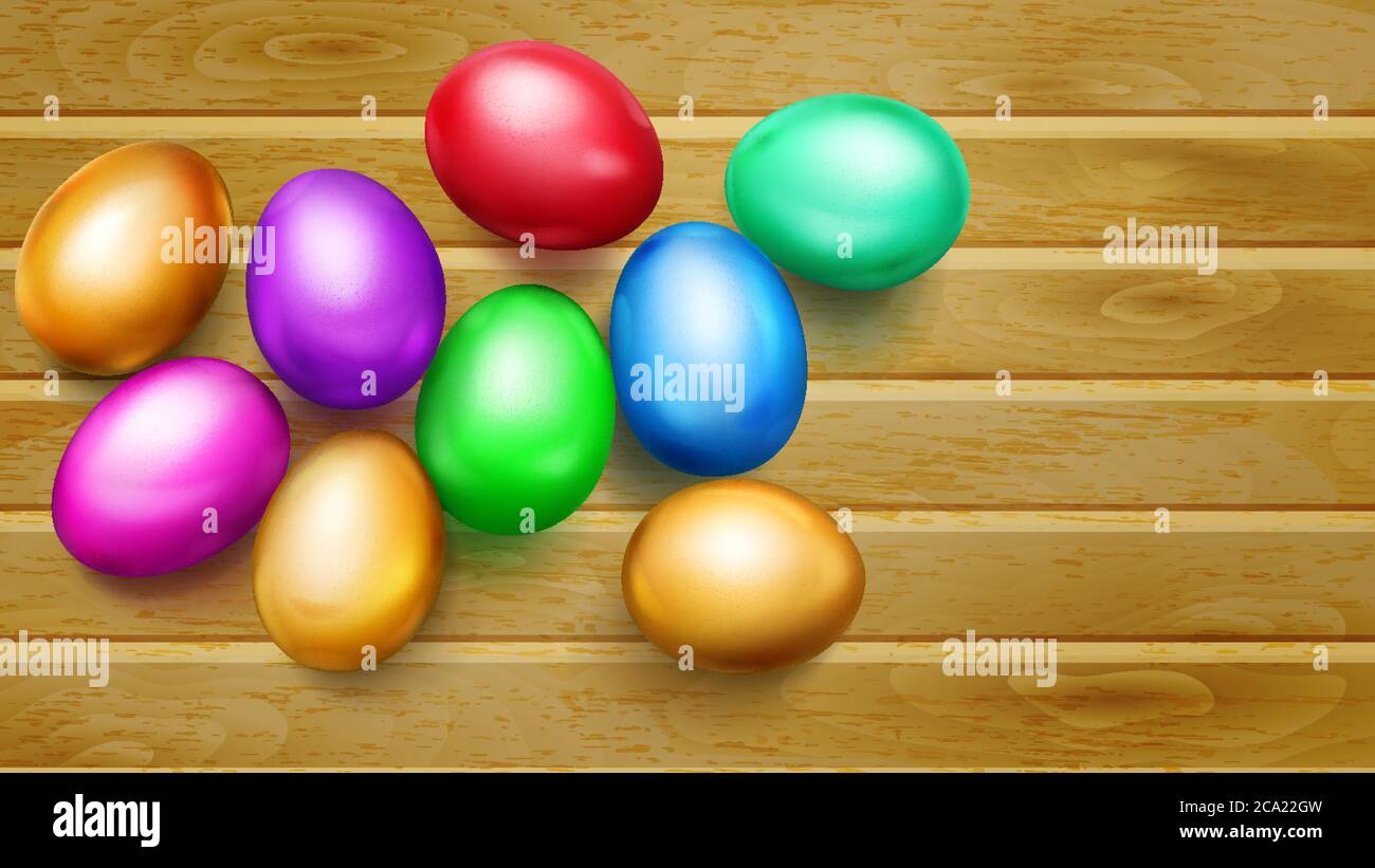 Realistic colored Easter eggs with shadows on wooden planks Stock Vector