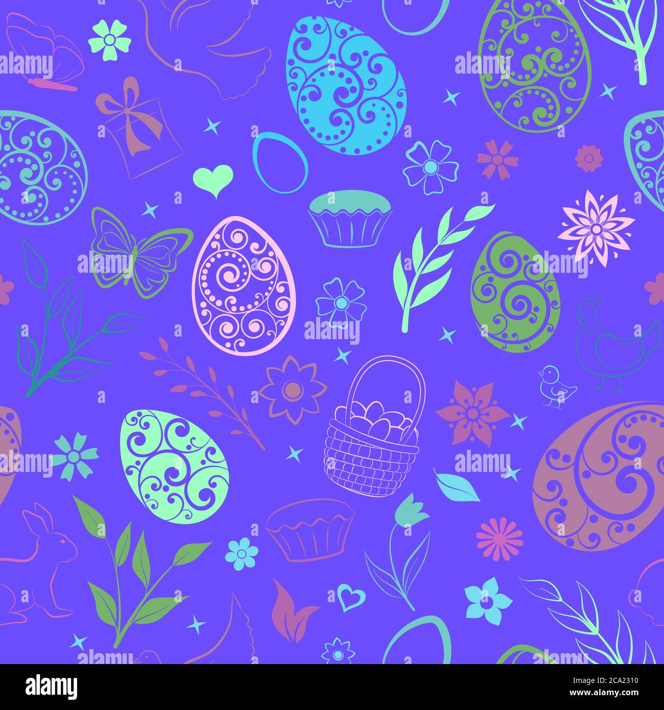 Seamless pattern of eggs, flowers, cakes, hen, chicken and other Easter symbols, multicolored on blue Stock Vector