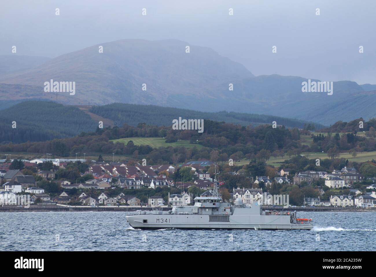 KNM Karmoy (M341), an Oksoy-class minehunter of the Norwegian Navy, passing Gourock at the start of Exercise Joint Warrior 12-2. Stock Photo