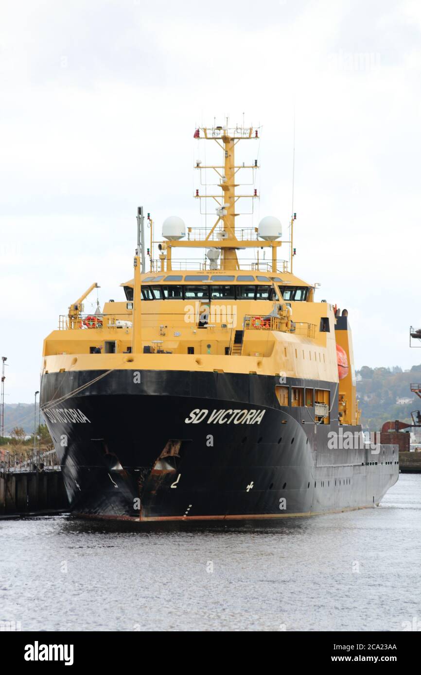 SD Victoria, a support vessel operated by Serco Marine Services in support of the UK military, berthed at Greenock after Exercise Joint Warrior 12-2. Stock Photo