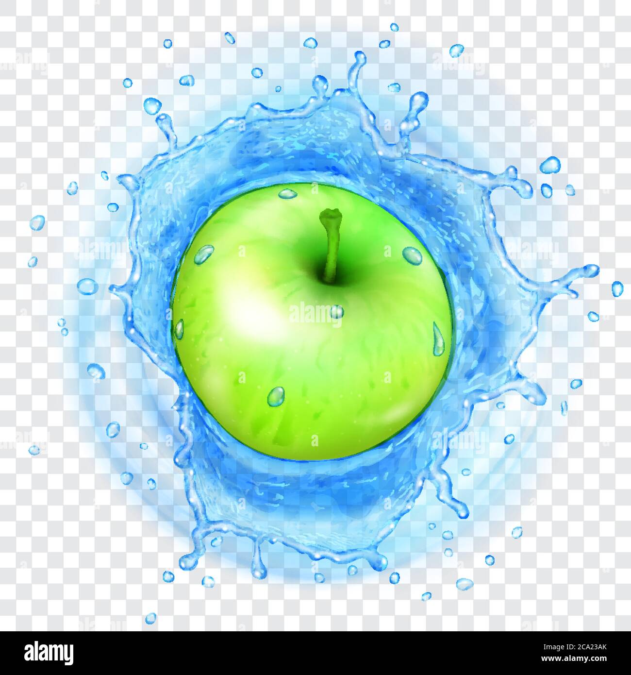 Green apple falling into transparent light blue water with translucent splash. Transparency only in vector format Stock Vector