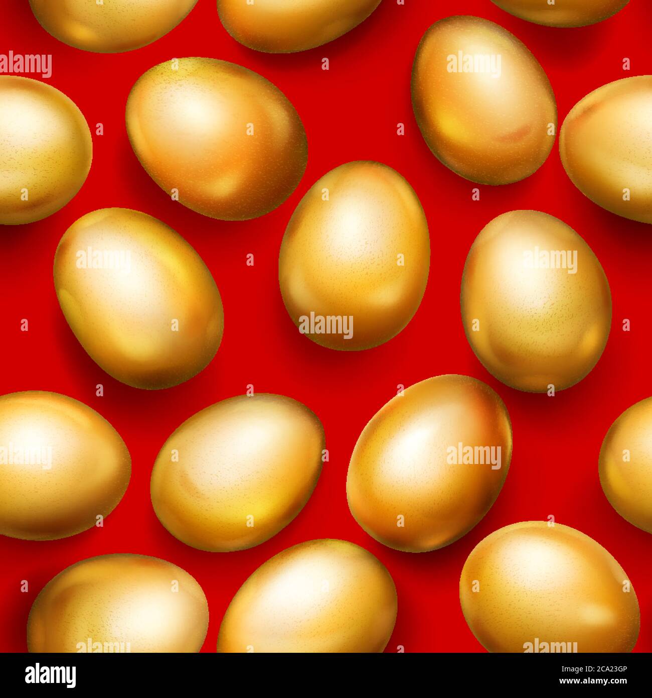 Seamless pattern of realistic golden Easter eggs with shadows on red background Stock Vector