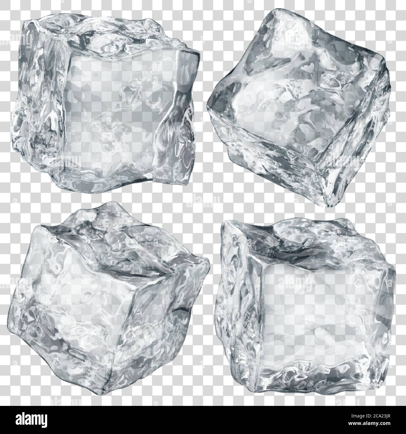 Set of four realistic translucent ice cubes in gray color isolated on