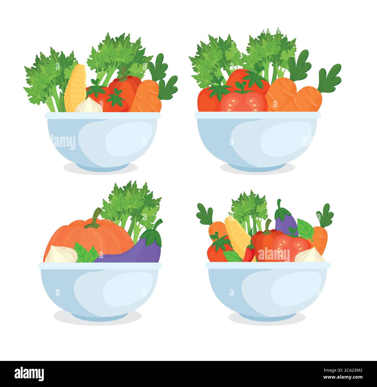 healthy food concept, fresh vegetables in bowls Stock Vector Image ...