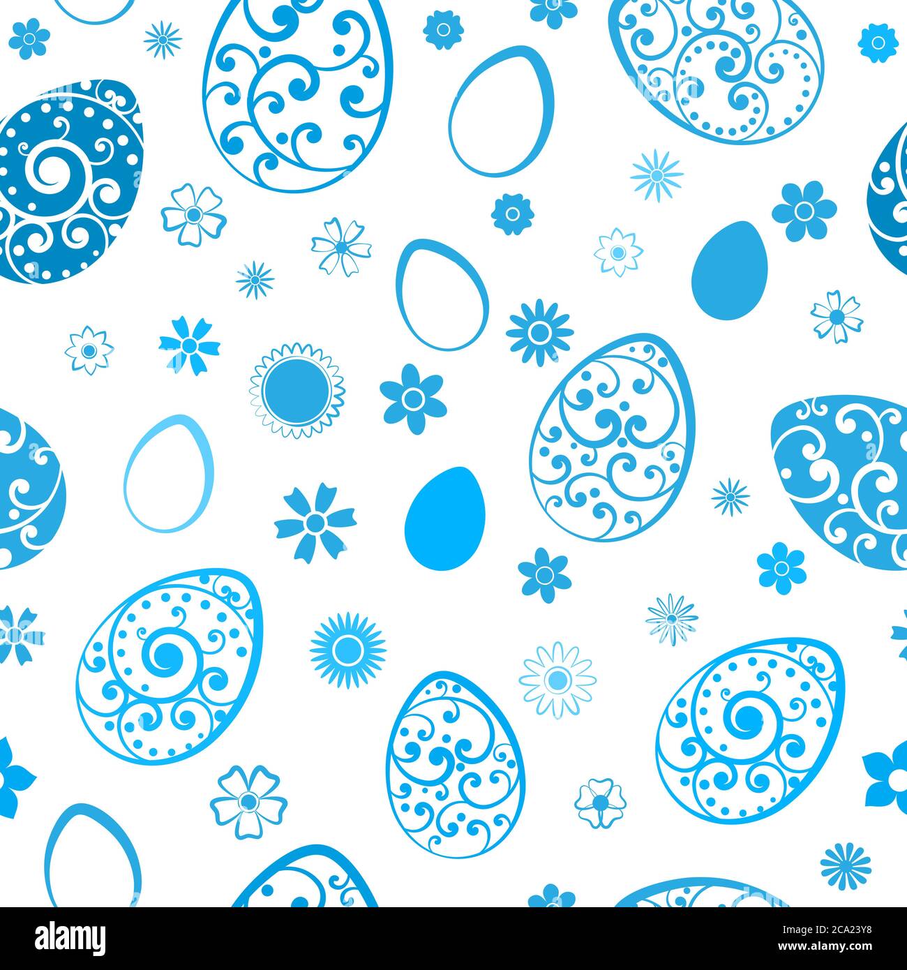 Seamless pattern of Easter eggs and flowers, light blue on white Stock Vector