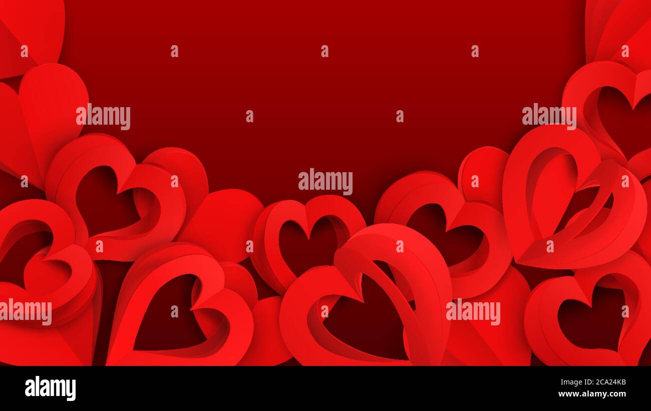 Background with many paper volume hearts with holes, in red colors ...