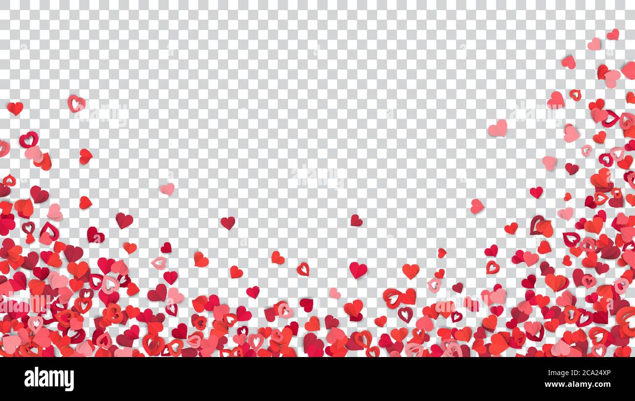Many small red and pink paper hearts on transparent background, located ...