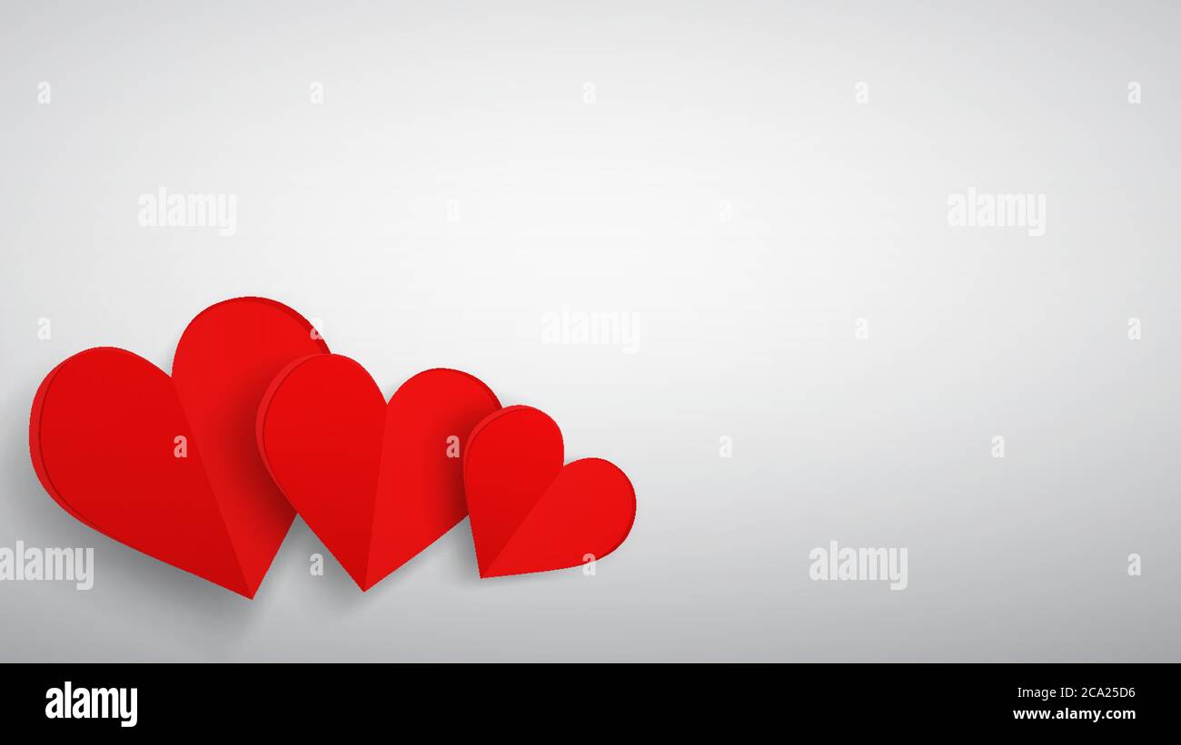 Background with three red paper volume hearts, red on white Stock Vector