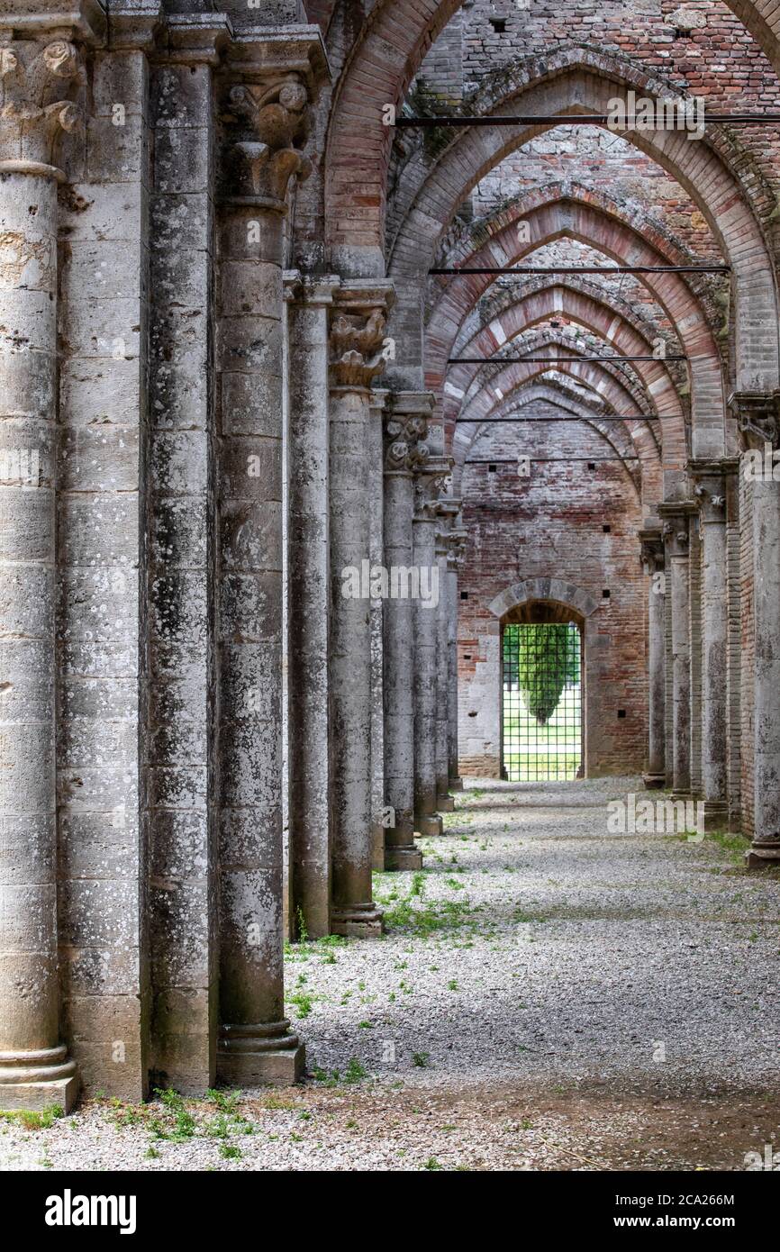 Close up of the aisle of an ancient and abandoned gothic church, with a row of columns and pointed arches leading to an opening to the garden outside Stock Photo