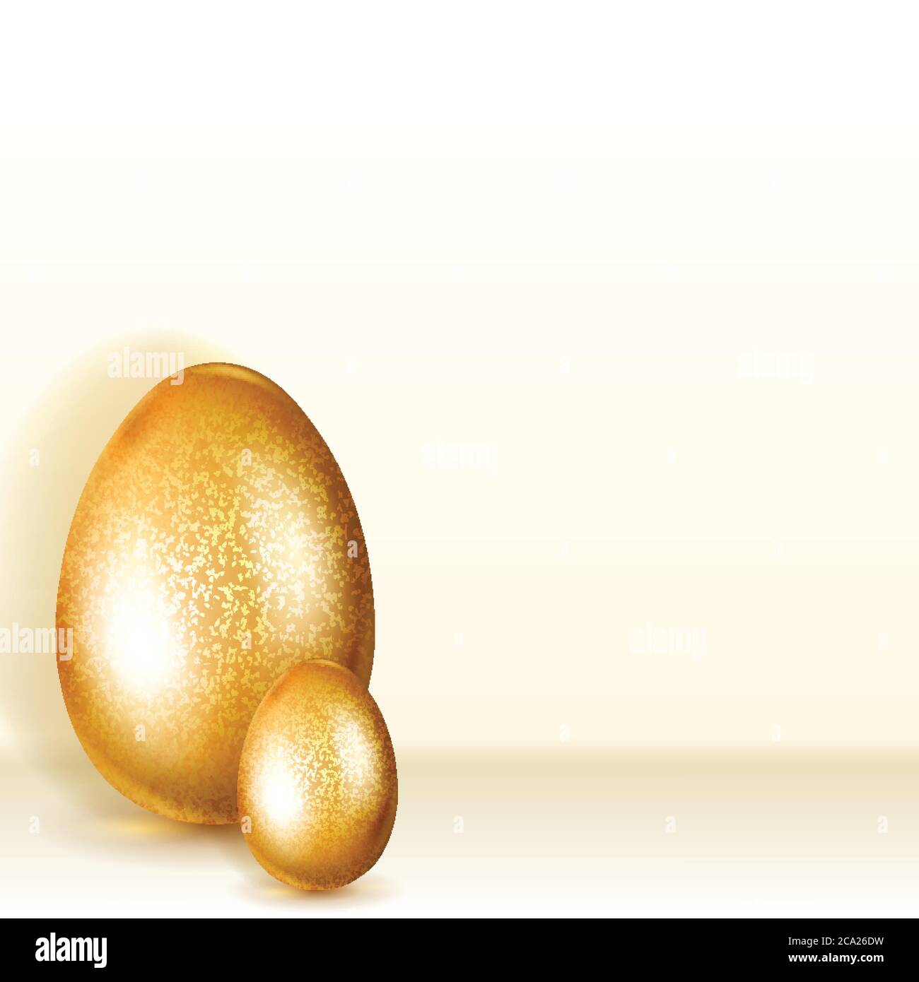 Two golden Easter eggs with soft shadows standing on light background Stock Vector
