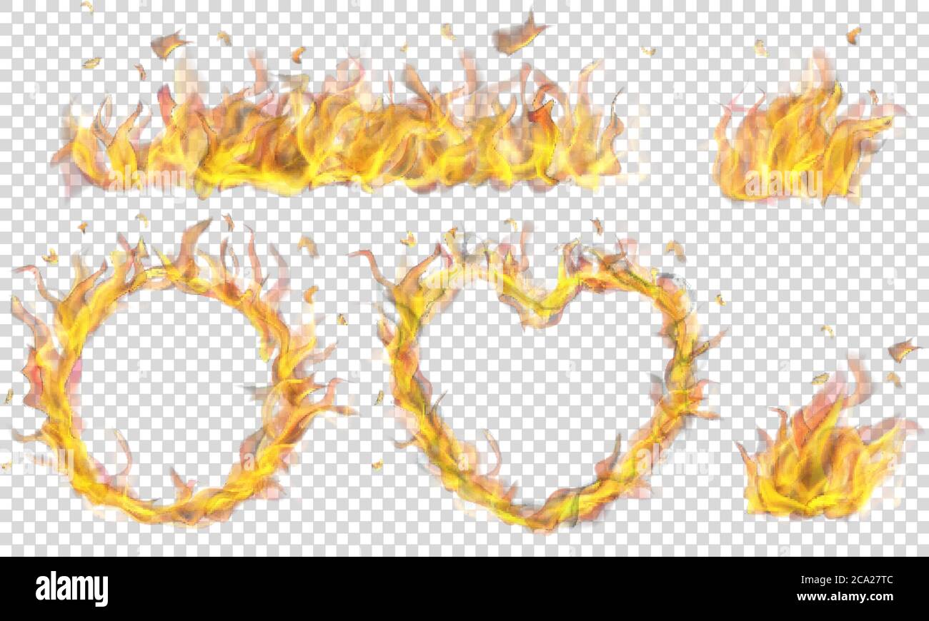 Translucent heart, ring, campfire and long banner of fire flame on transparent background. Transparency only in vector format Stock Vector